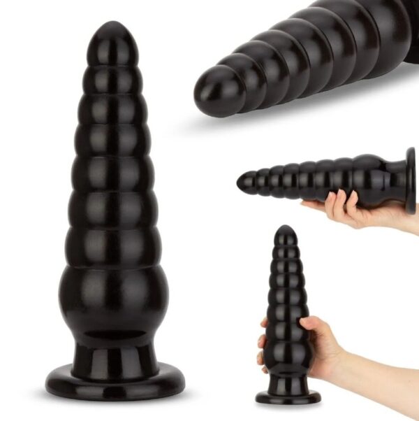 XL Black Spiral Beads 10″ Ribbed Butt Plug Anal Stretcher For Couple - Image 2