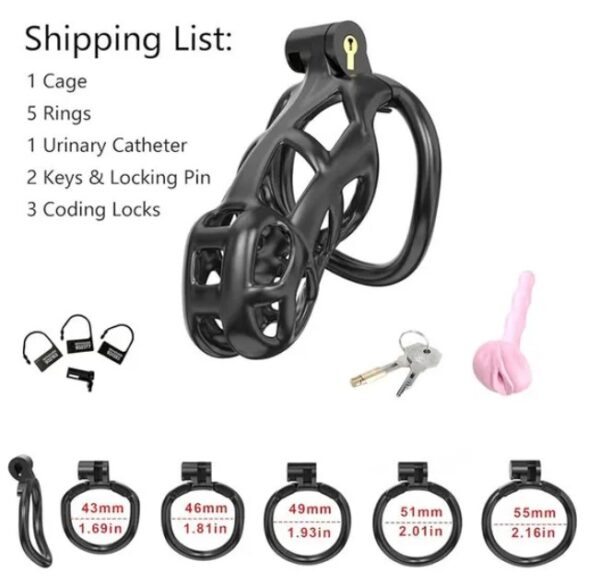 Black King Cobra Standard 3D Printed Bondage Chastity Kit With Urethral with 5 Sizes Breathable Rings - Image 5