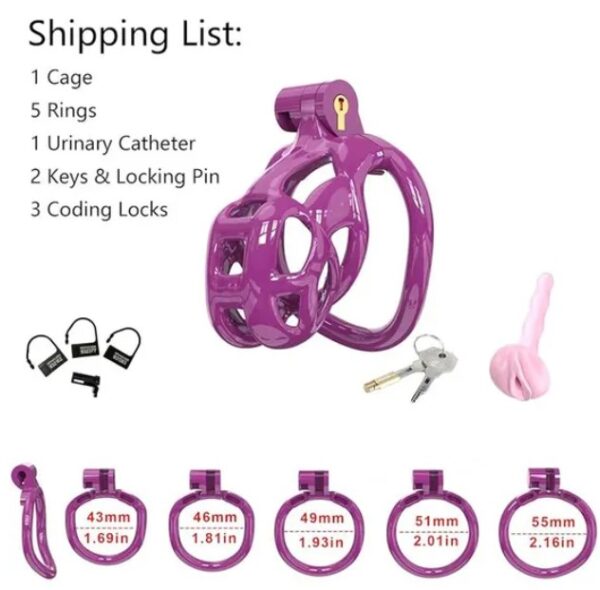 Purple Cobra Nano 3D Printed Bondage Chastity Device With Urethral Catheter with 5 Sizes Breathable Rings - Image 7