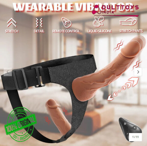 Silicone Harness Strap On Wearable Double Dildos with vibrating telescoping for lesbian Sex Toys