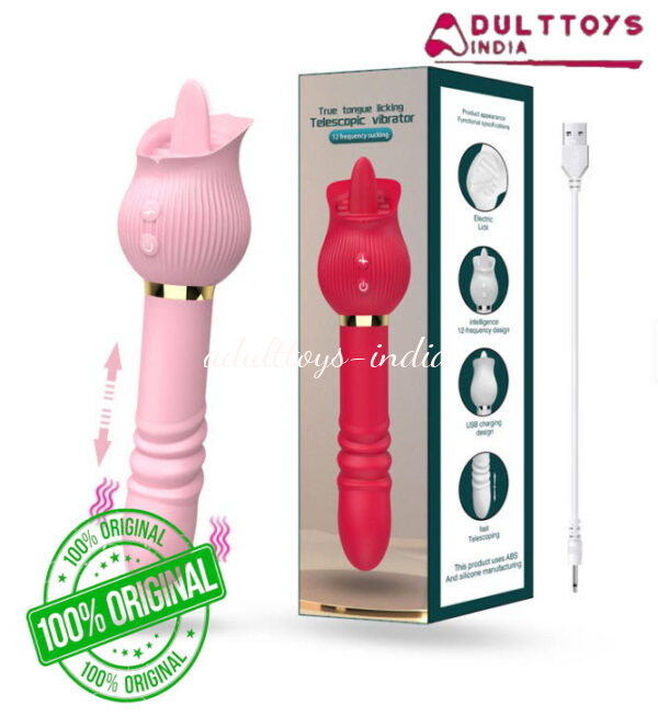 True Tongue Licking Telescopic Thrusting Rose Vibrator For Women