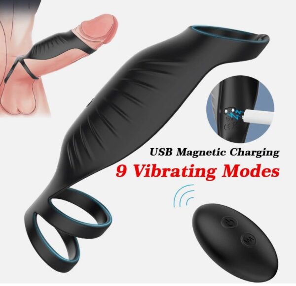 Black Powerful Vibrating Penis Sleeve Extender Cock Ring With Wireless Remote Control - Image 6