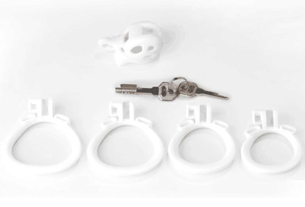 White Super Mini Cobra Double Cuff Chastity Cage Kit For Men - Image 3