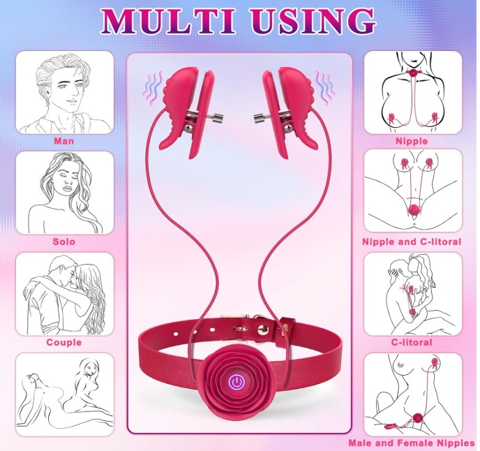 Rose Collar BDSM Fish Shape Vibrating Nipple Pleasure Clamps for Women - Image 5