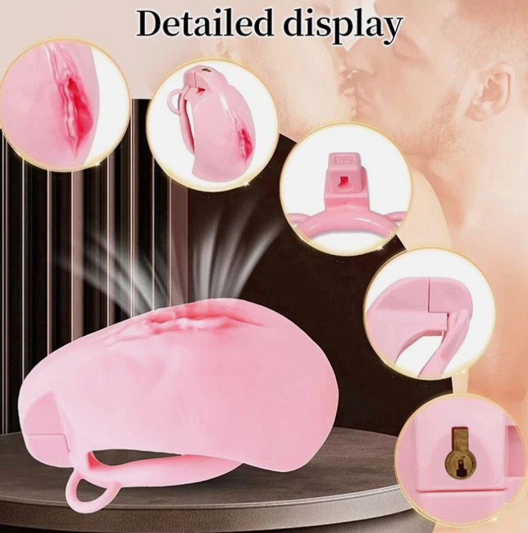 Pink Pussy Chastity Cage With Belt And Golden Beaded Anal Buttplug - Image 2