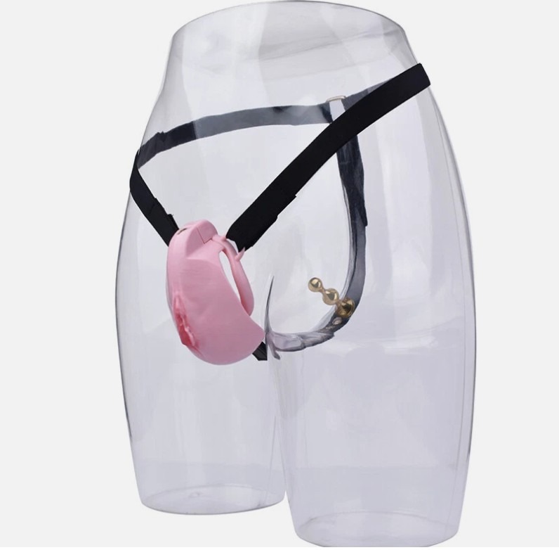 Pink Pussy Chastity Cage With Belt And Golden Beaded Anal Buttplug - Image 3