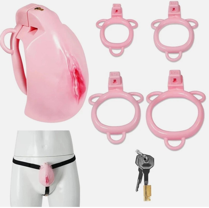 Pink Pussy Chastity Cage With Belt And Golden Beaded Anal Buttplug - Image 7